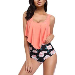 NEW-Swimsuit for Women Two Piece Bathing Suits Ruffled Flounce Top w/ High Waist